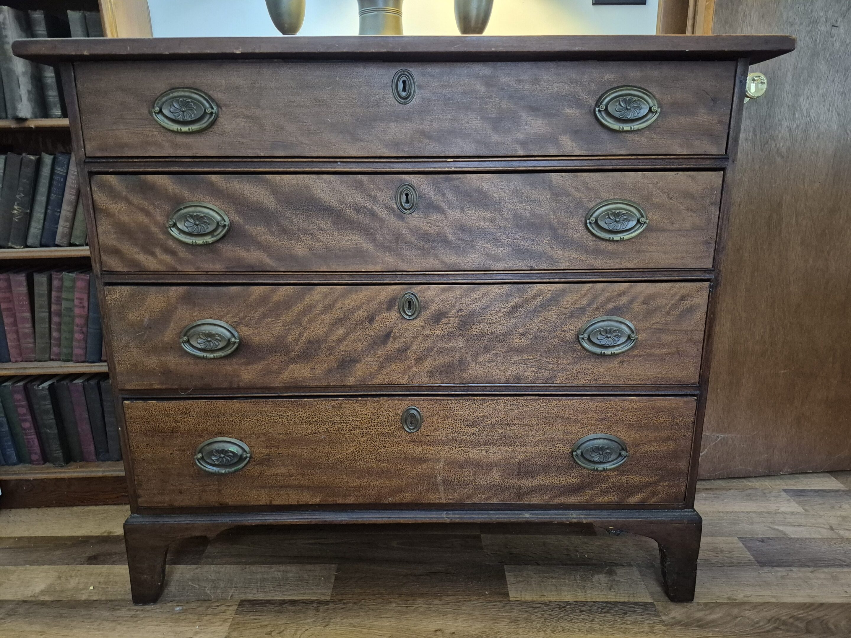 Four Drawer Hepplewhite Chest, original hardware and finish on bracket feet